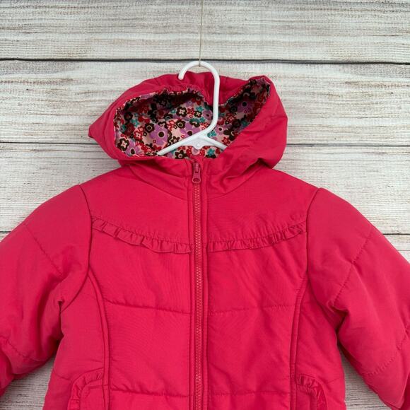 Osh‎ Kosh b'Gosh Floral Hooded Ruffled Puffer Jacket Girl's M 6/8 Pink - Picture 3 of 13